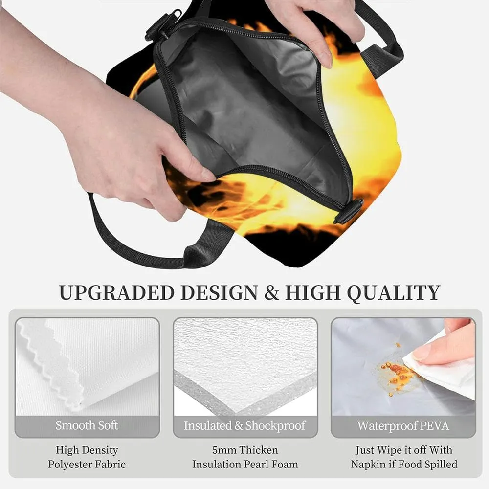 Burning soccer ball black Fire flame football fiery energy game 3d Insulated Adult Lunch Bag with Shoulder Strap for Women Lightweight Reusable Portable Freezable Lunch Tote Bag for Work Picnic