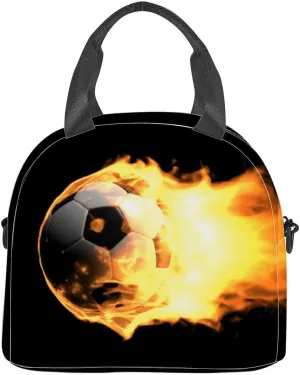 Burning soccer ball black Fire flame football fiery energy game 3d Insulated Adult Lunch Bag with Shoulder Strap for Women Lightweight Reusable Portable Freezable Lunch Tote Bag for Work Picnic