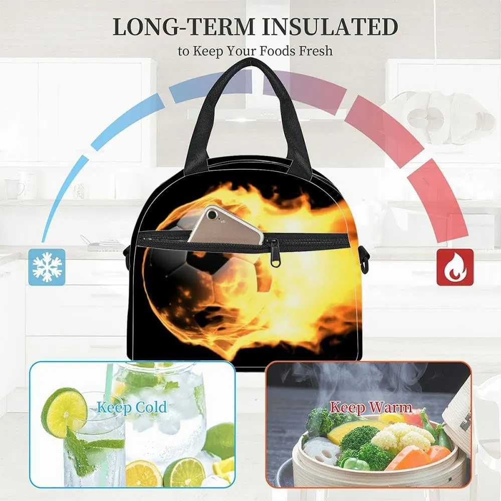 Burning soccer ball black Fire flame football fiery energy game 3d Insulated Adult Lunch Bag with Shoulder Strap for Women Lightweight Reusable Portable Freezable Lunch Tote Bag for Work Picnic