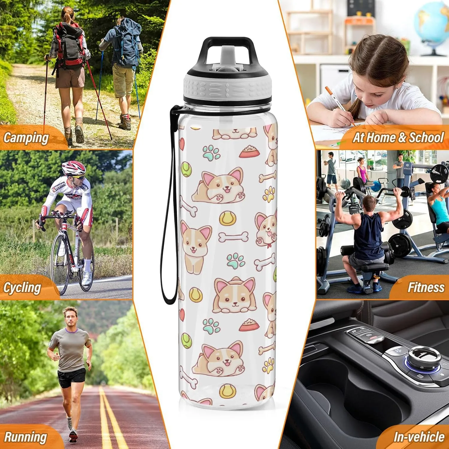 Caikeny Cute Kawaii Corgi Water Bottle with Straw Sports Bottles BPA-Free Tritan Water Jug with Carrying Strap for Women Men Gym