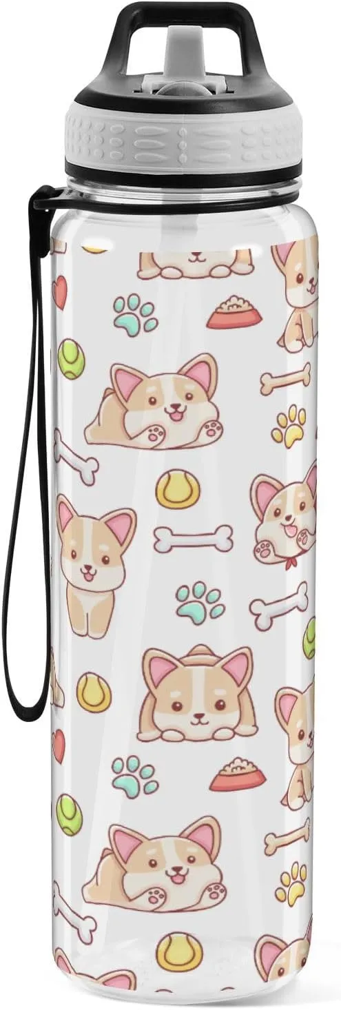 Caikeny Cute Kawaii Corgi Water Bottle with Straw Sports Bottles BPA-Free Tritan Water Jug with Carrying Strap for Women Men Gym