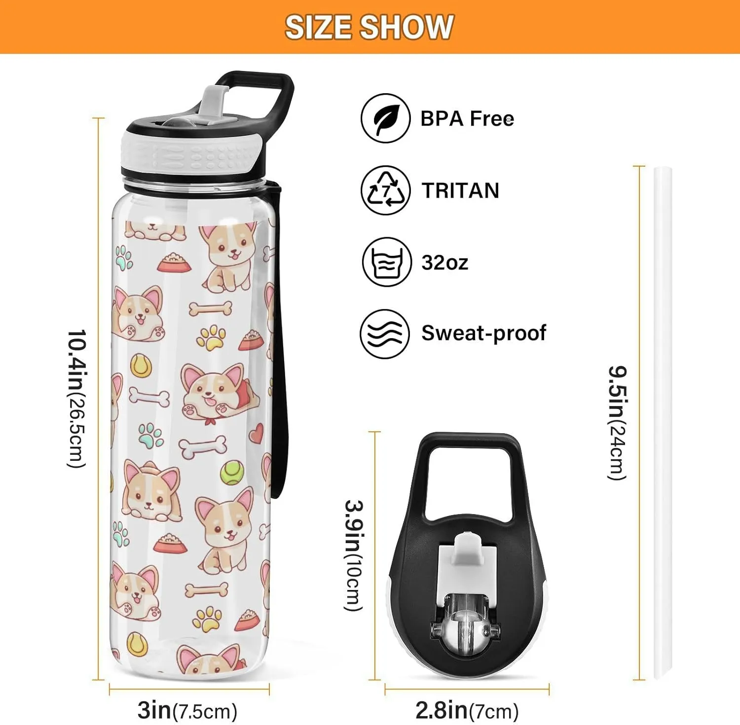 Caikeny Cute Kawaii Corgi Water Bottle with Straw Sports Bottles BPA-Free Tritan Water Jug with Carrying Strap for Women Men Gym