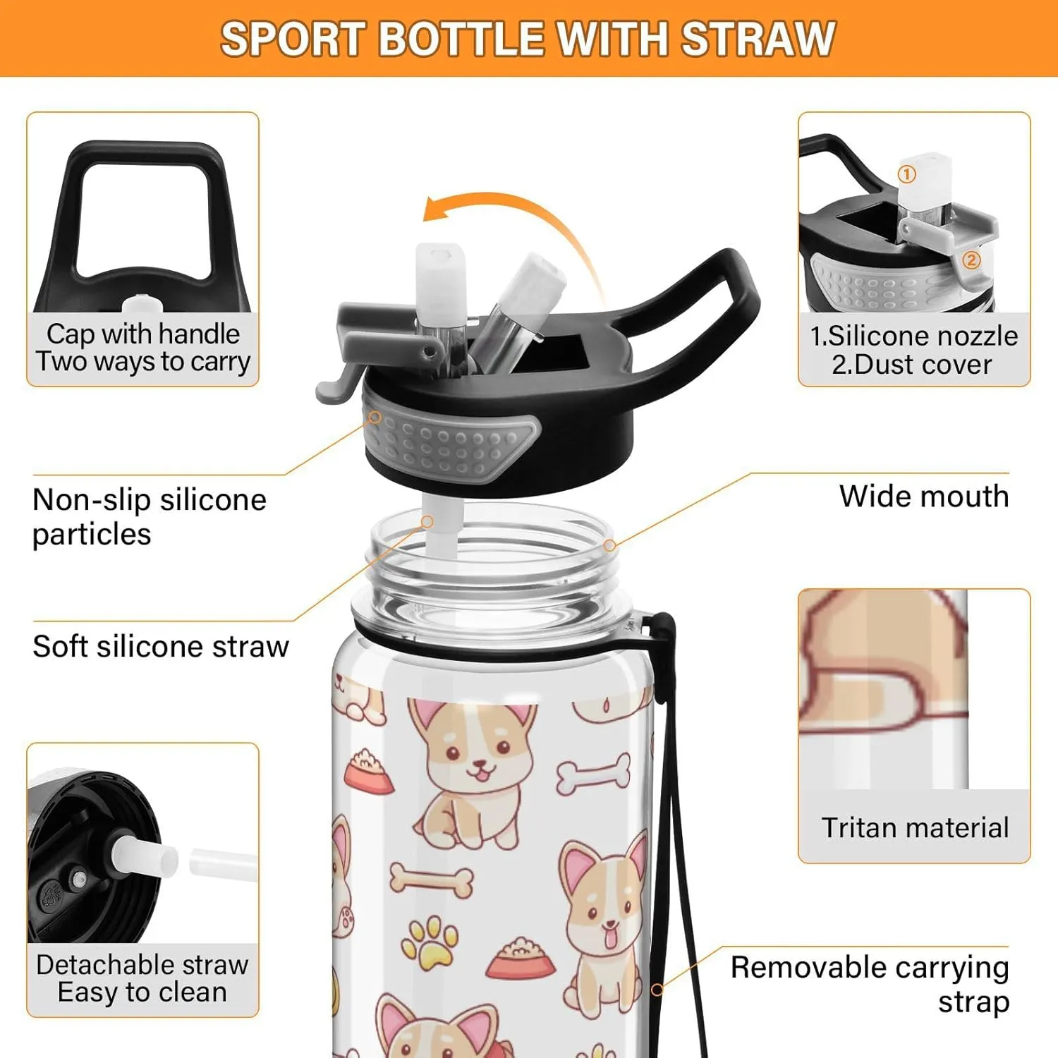 Caikeny Cute Kawaii Corgi Water Bottle with Straw Sports Bottles BPA-Free Tritan Water Jug with Carrying Strap for Women Men Gym