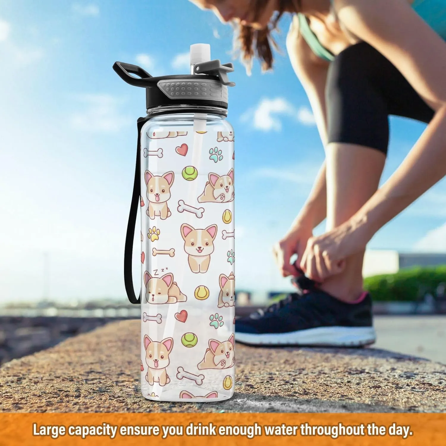 Caikeny Cute Kawaii Corgi Water Bottle with Straw Sports Bottles BPA-Free Tritan Water Jug with Carrying Strap for Women Men Gym