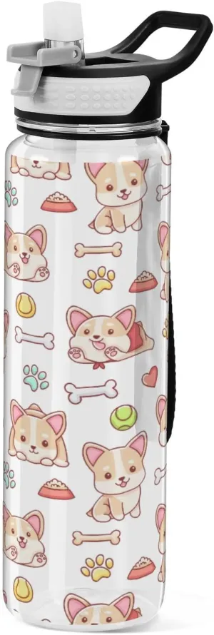 Caikeny Cute Kawaii Corgi Water Bottle with Straw Sports Bottles BPA-Free Tritan Water Jug with Carrying Strap for Women Men Gym
