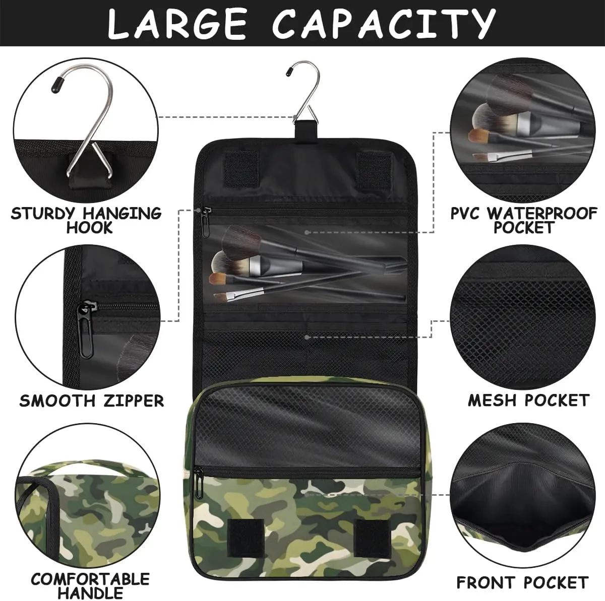 Camouflage Hanging Travel Toiletry Bag for Kids, Women Cosmetic Organizer Makeup Bag Pouch Men Shaving Dopp Kit Shower Bag With Sturdy Hook