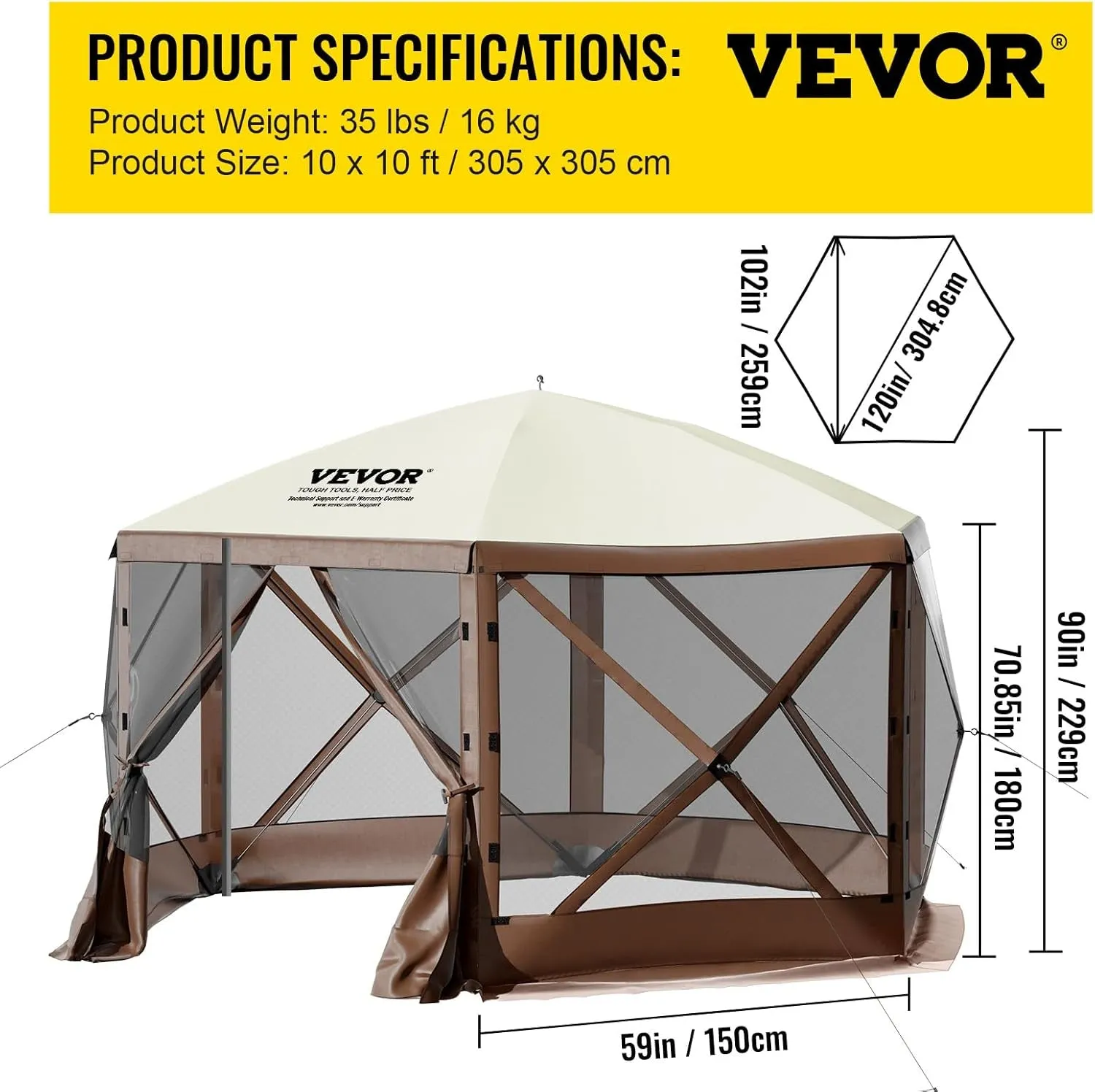 Camping Gazebo Screen Tent, 12 * 12Ft, 6 Sided Pop-Up Canopy Shelter