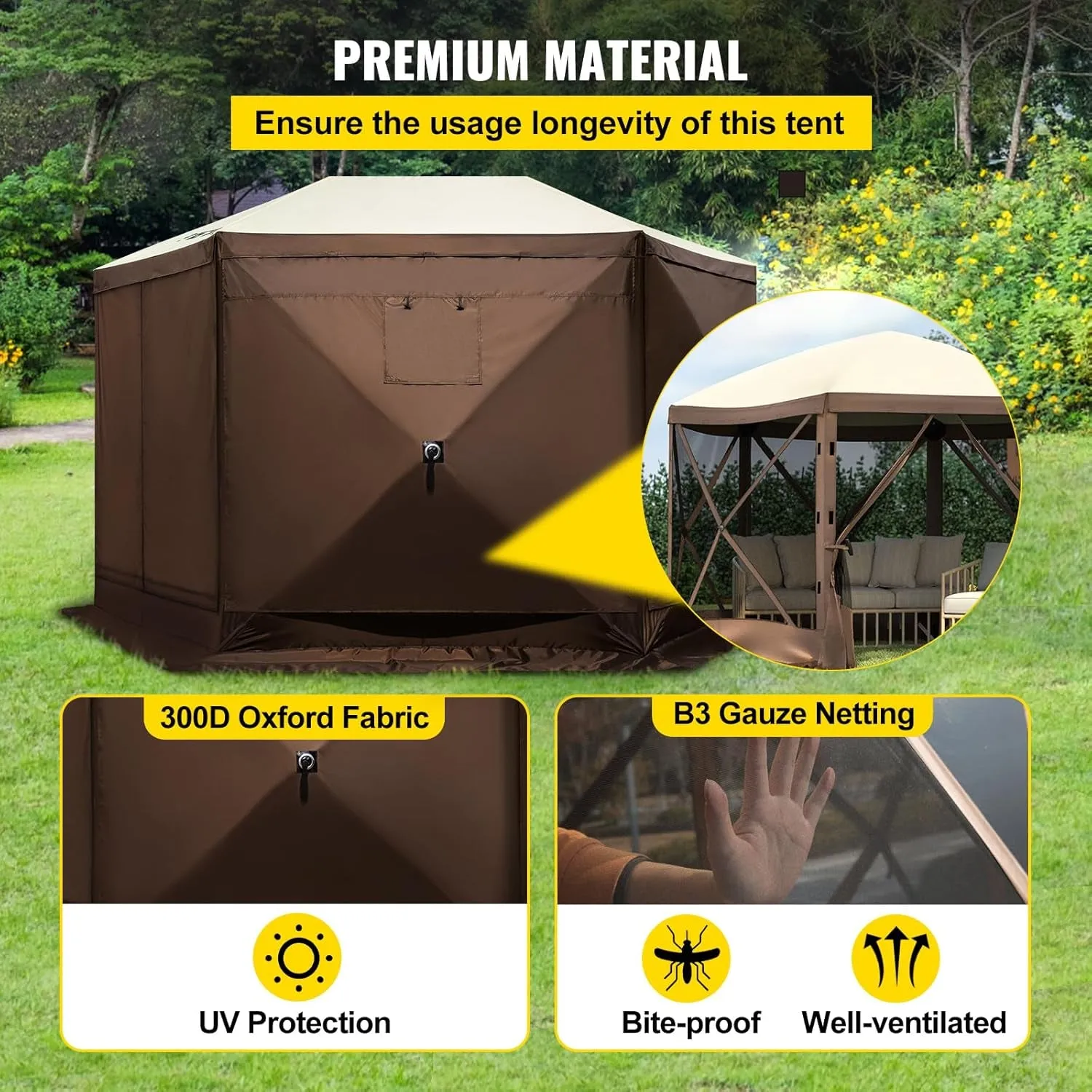 Camping Gazebo Screen Tent, 12 * 12Ft, 6 Sided Pop-Up Canopy Shelter