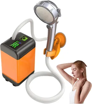 Camping Shower 12V 4800mAh Rechargeable Temperature Monitoring Portable Shower with Showerhead, Suction Cup Bracket & Detachable Filter for Backpacking, Hiking