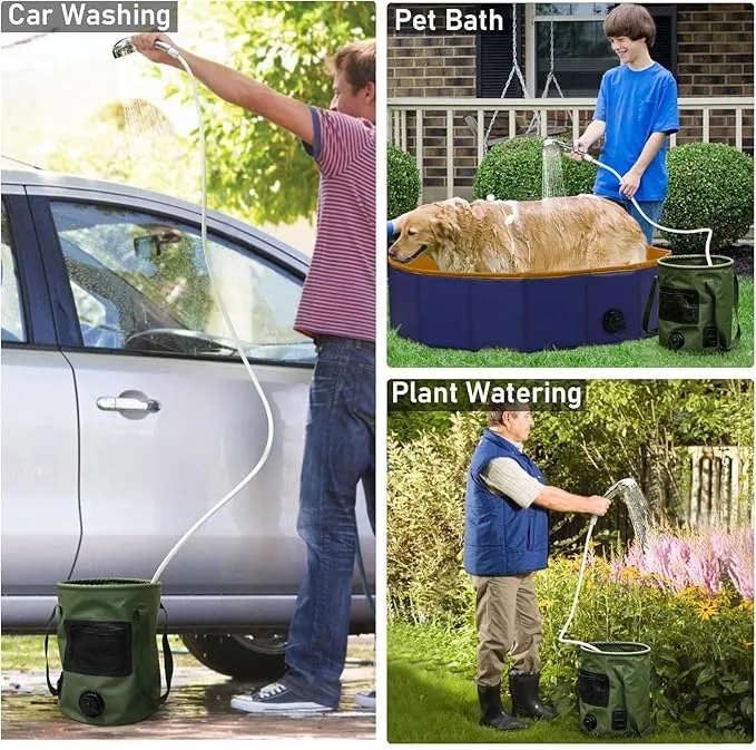Camping Shower Tent Kit, Pop Up Privacy Shelter with LED Lights, Portable Shower Pump with 6.6 Gallons Collapsible Bucket Camp Bathroom for Adults Outdoor Hiking