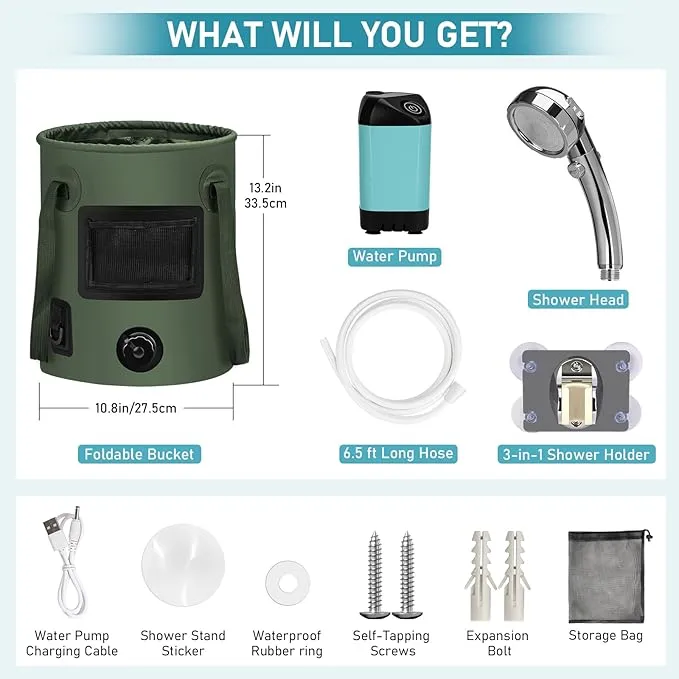 Camping Shower Tent Kit, Pop Up Privacy Shelter with LED Lights, Portable Shower Pump with 6.6 Gallons Collapsible Bucket Camp Bathroom for Adults Outdoor Hiking