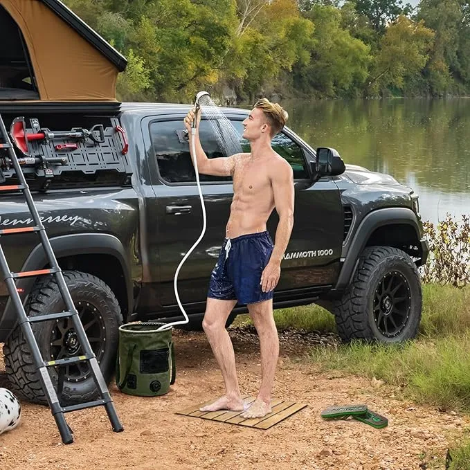 Camping Shower Tent Kit, Pop Up Privacy Shelter with LED Lights, Portable Shower Pump with 6.6 Gallons Collapsible Bucket Camp Bathroom for Adults Outdoor Hiking