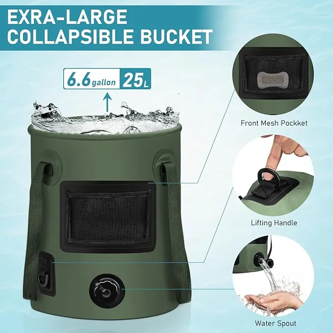 Camping Shower Tent Kit, Pop Up Privacy Shelter with LED Lights, Portable Shower Pump with 6.6 Gallons Collapsible Bucket Camp Bathroom for Adults Outdoor Hiking