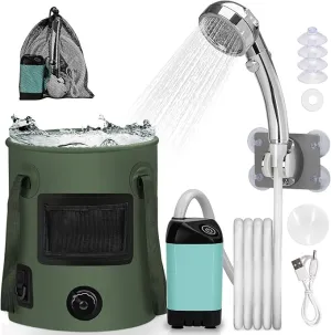 Camping Shower Tent Kit, Pop Up Privacy Shelter with LED Lights, Portable Shower Pump with 6.6 Gallons Collapsible Bucket Camp Bathroom for Adults Outdoor Hiking