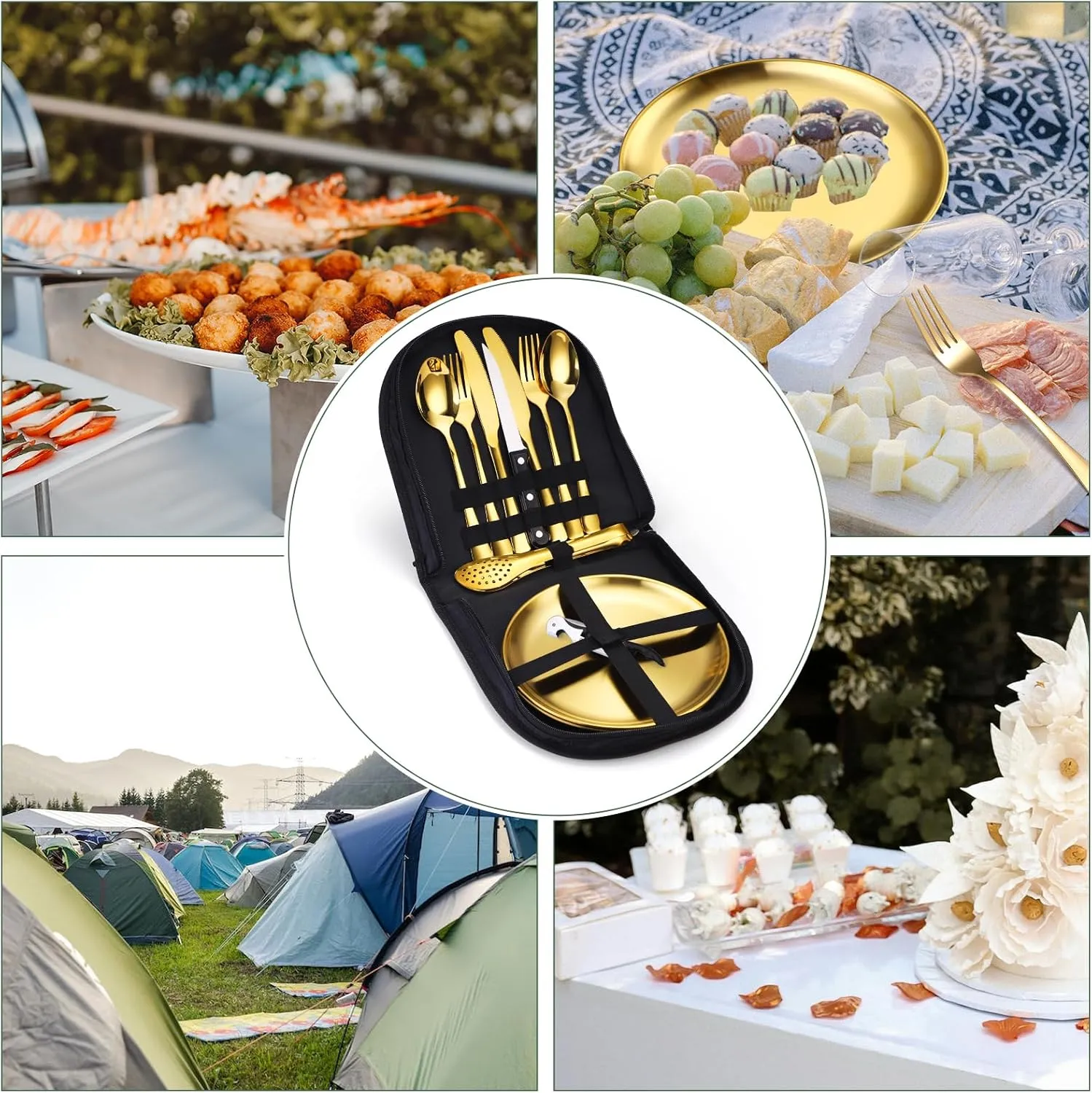 Camping Silverware Kit Cutlery Organizer Utensil Picnic Set Stainless Steel Plate Spoon Clip and Serrated Knife Wine Opener Fork Napkin Hiking - Camp Kitchen BBQ’s