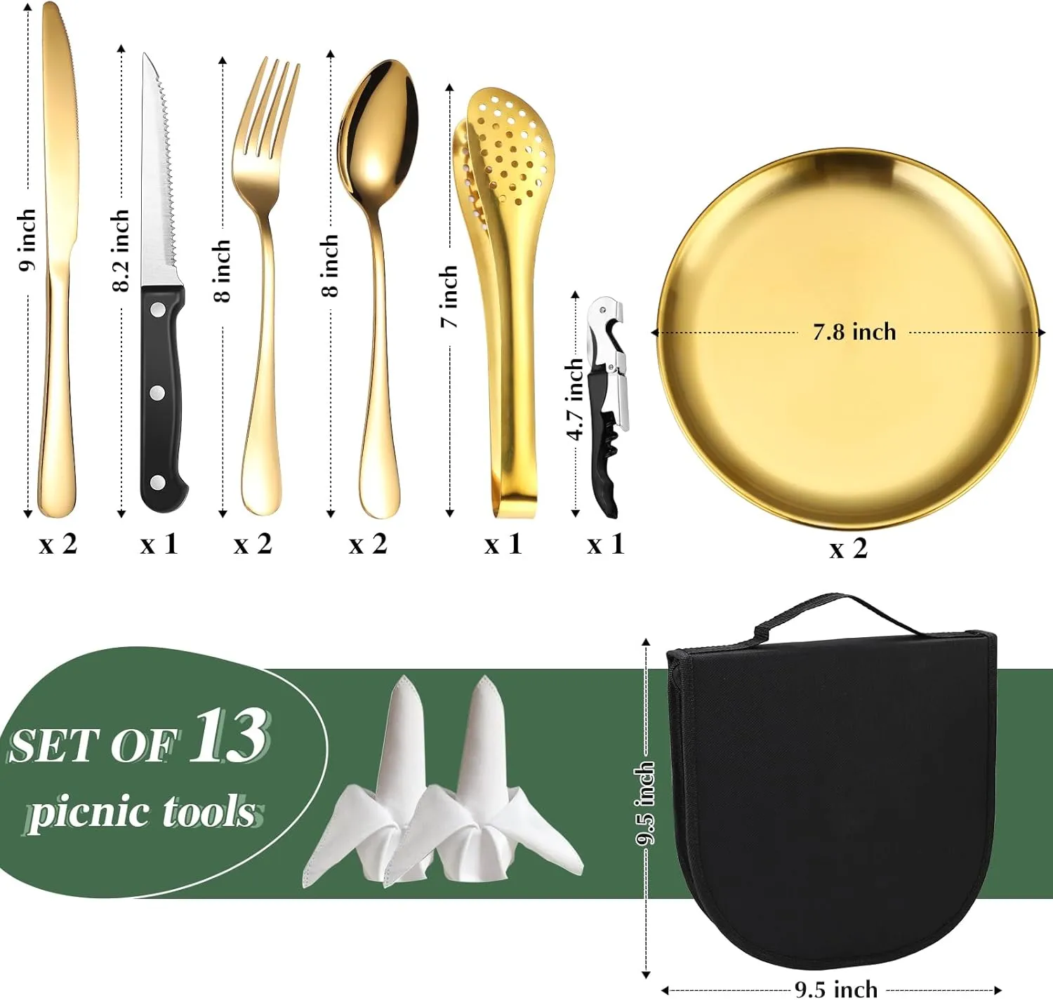 Camping Silverware Kit Cutlery Organizer Utensil Picnic Set Stainless Steel Plate Spoon Clip and Serrated Knife Wine Opener Fork Napkin Hiking - Camp Kitchen BBQ’s
