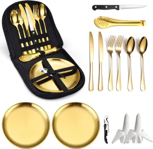 Camping Silverware Kit Cutlery Organizer Utensil Picnic Set Stainless Steel Plate Spoon Clip and Serrated Knife Wine Opener Fork Napkin Hiking - Camp Kitchen BBQ’s