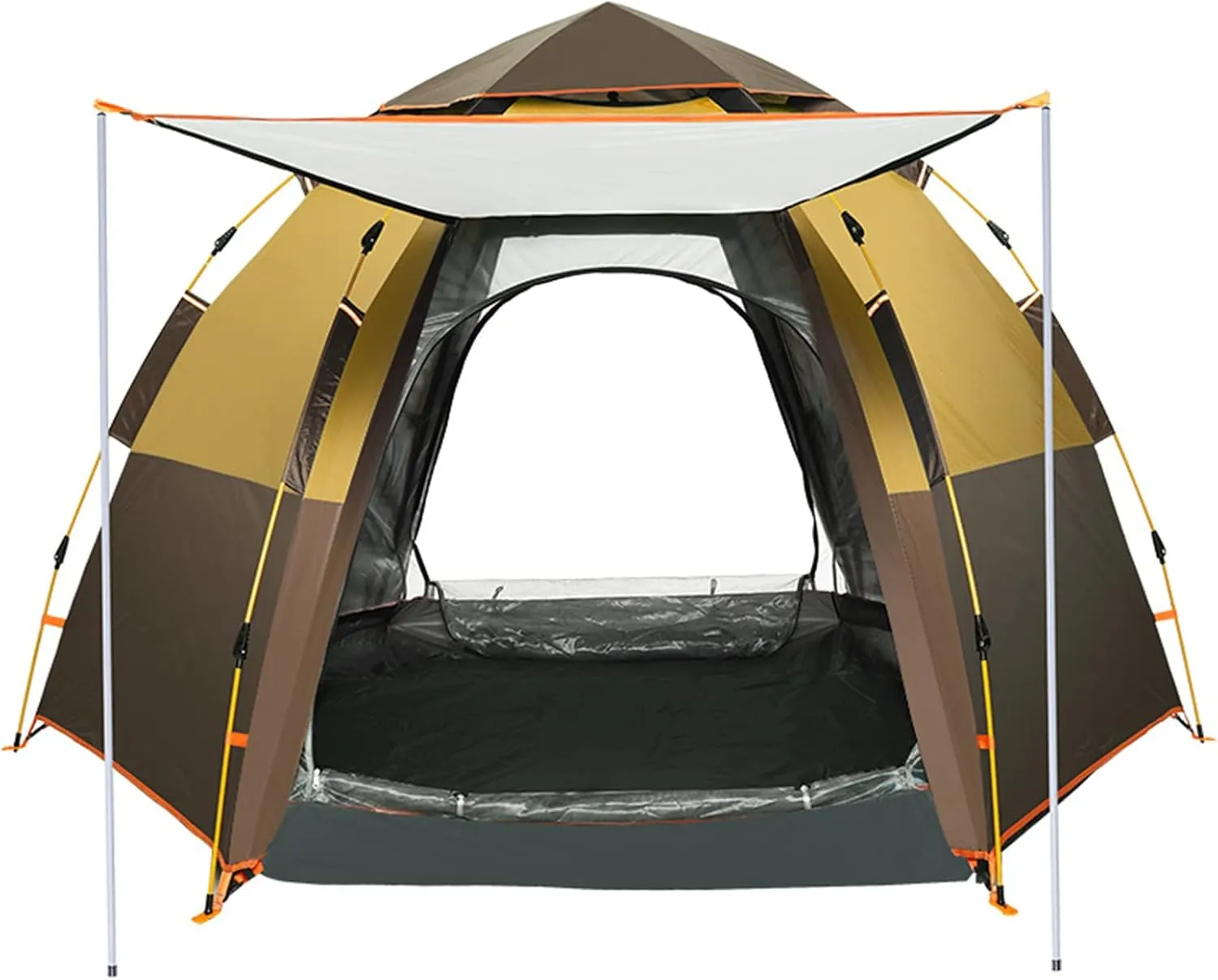 Camping Tent Outdoor Hexagonal 5-8 People Large Space Camping Thickening Automatic Double-Layer Anti-Storm Equipment Brown