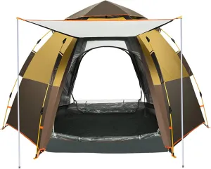 Camping Tent Outdoor Hexagonal 5-8 People Large Space Camping Thickening Automatic Double-Layer Anti-Storm Equipment Brown