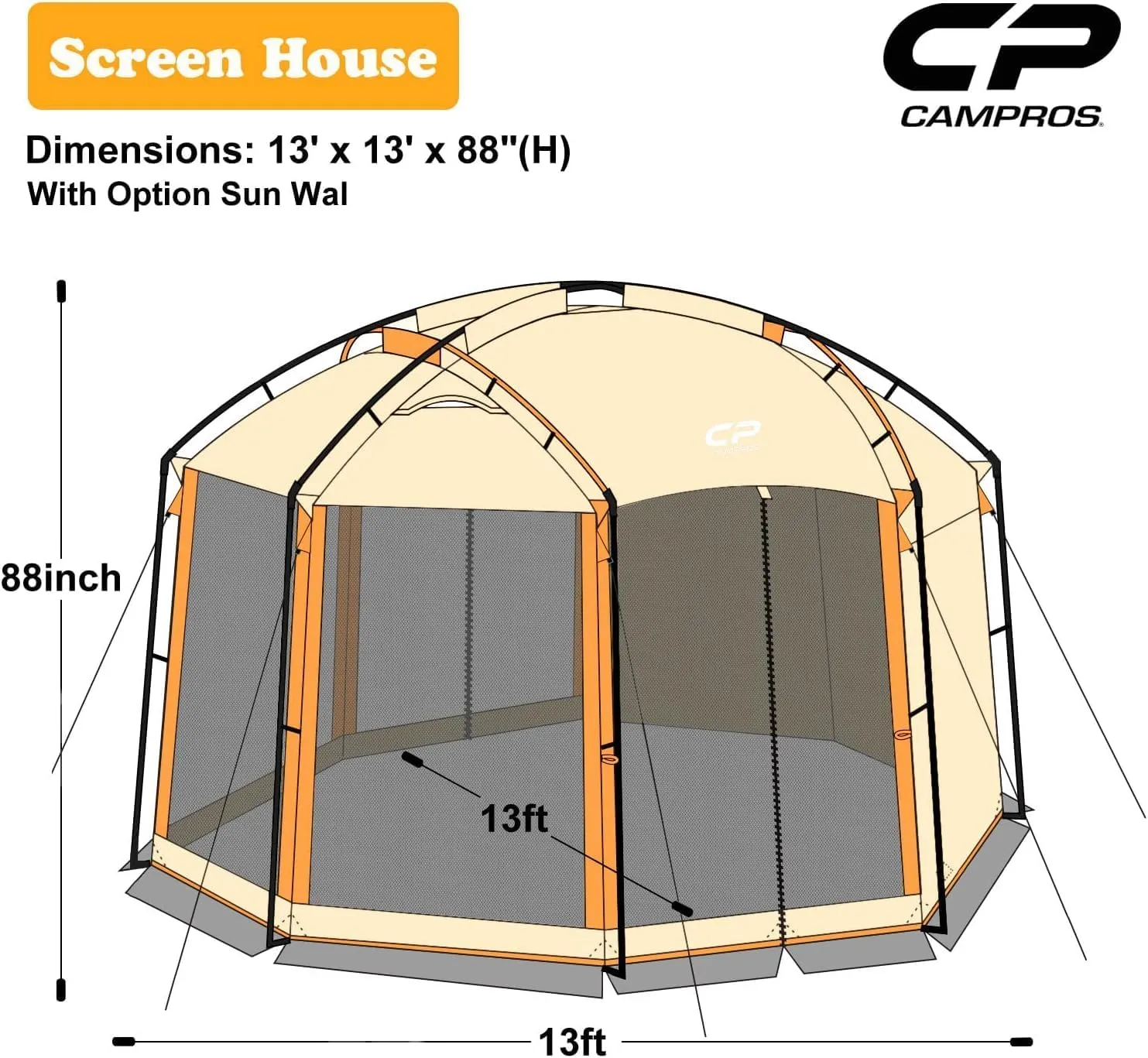 CAMPROS CP Screen House Room with 1 Pc Removal Wind/Sun Panel Canopy Tent Camping Tent Screen Shelter Gazebos for Patios Outdoor Camping Activities, 13'X13'X88in(H) - Beige