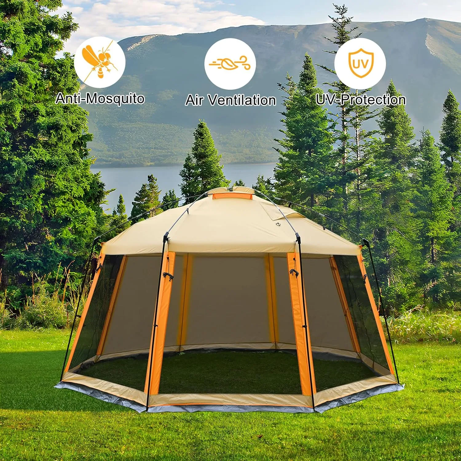 CAMPROS CP Screen House Room with 1 Pc Removal Wind/Sun Panel Canopy Tent Camping Tent Screen Shelter Gazebos for Patios Outdoor Camping Activities, 13'X13'X88in(H) - Beige