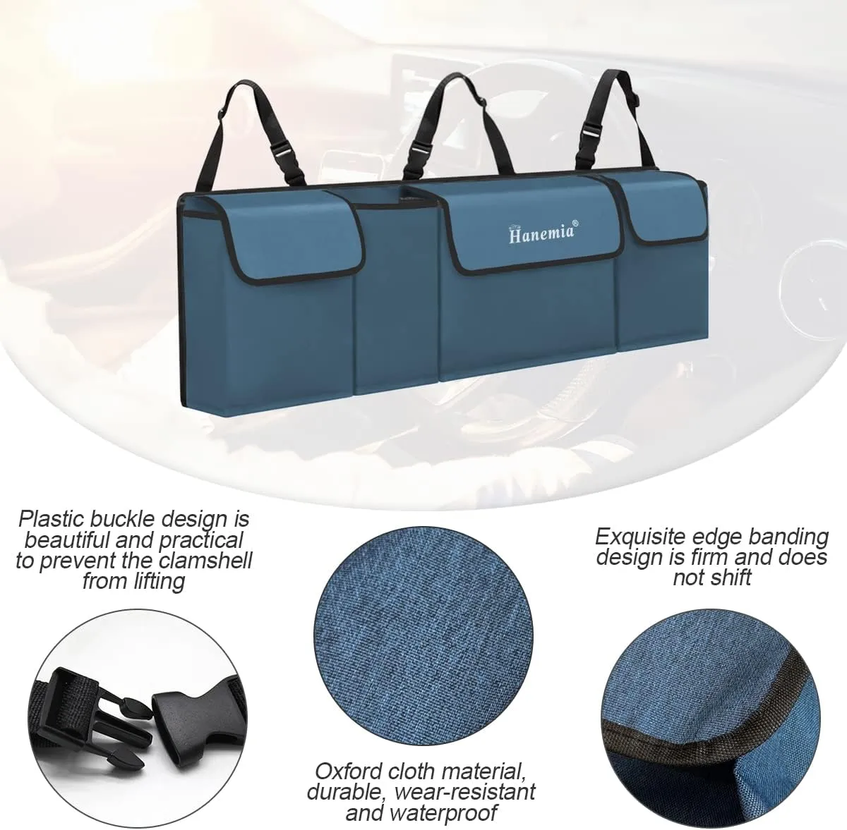 Car Trunk Organizer and Storage, Backseat Hanging Organizer for SUV, Truck, MPV, Waterproof, Collapsible Cargo Storage Bag with 4 Pockets, Car Accessories for Men and Women (Blue)