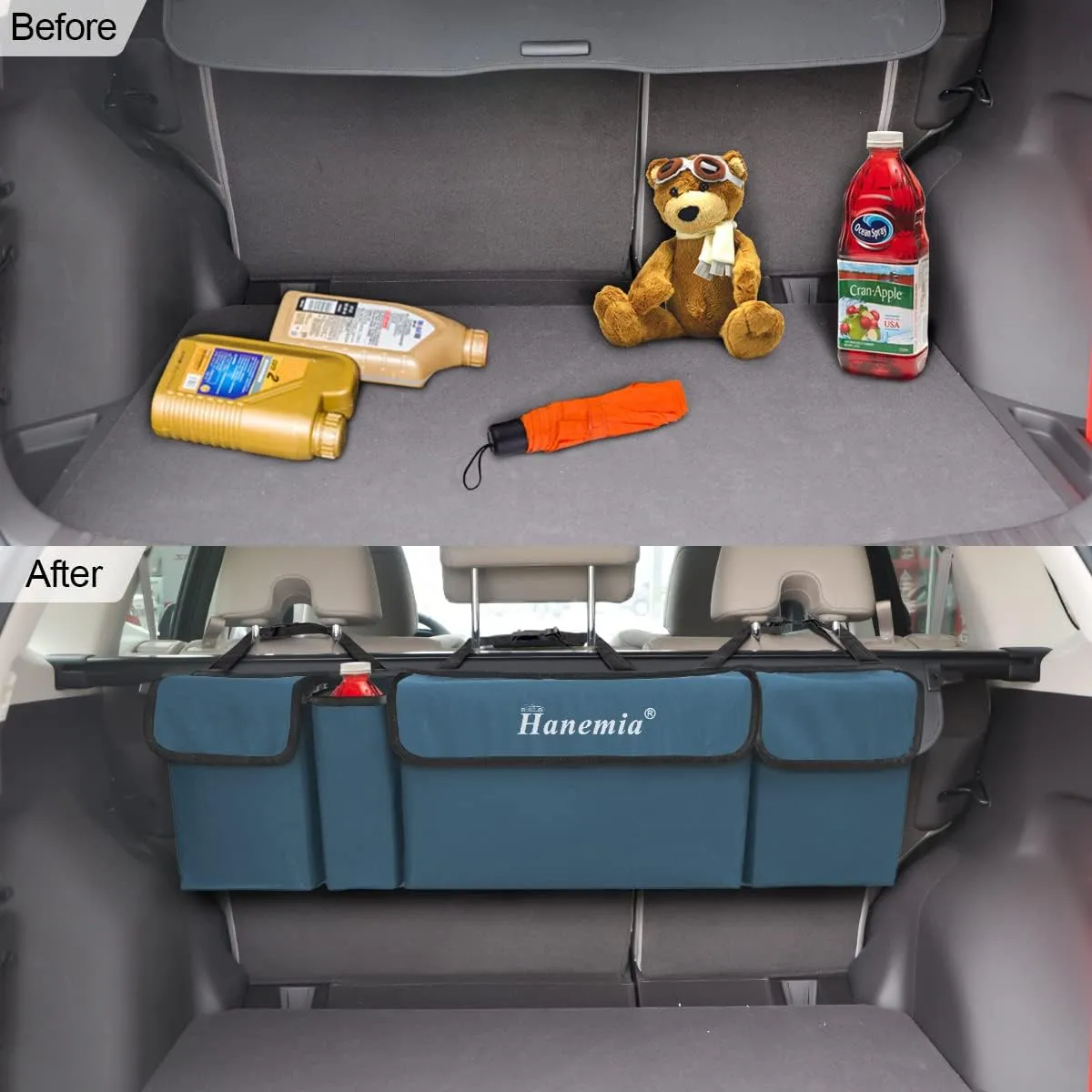 Car Trunk Organizer and Storage, Backseat Hanging Organizer for SUV, Truck, MPV, Waterproof, Collapsible Cargo Storage Bag with 4 Pockets, Car Accessories for Men and Women (Blue)