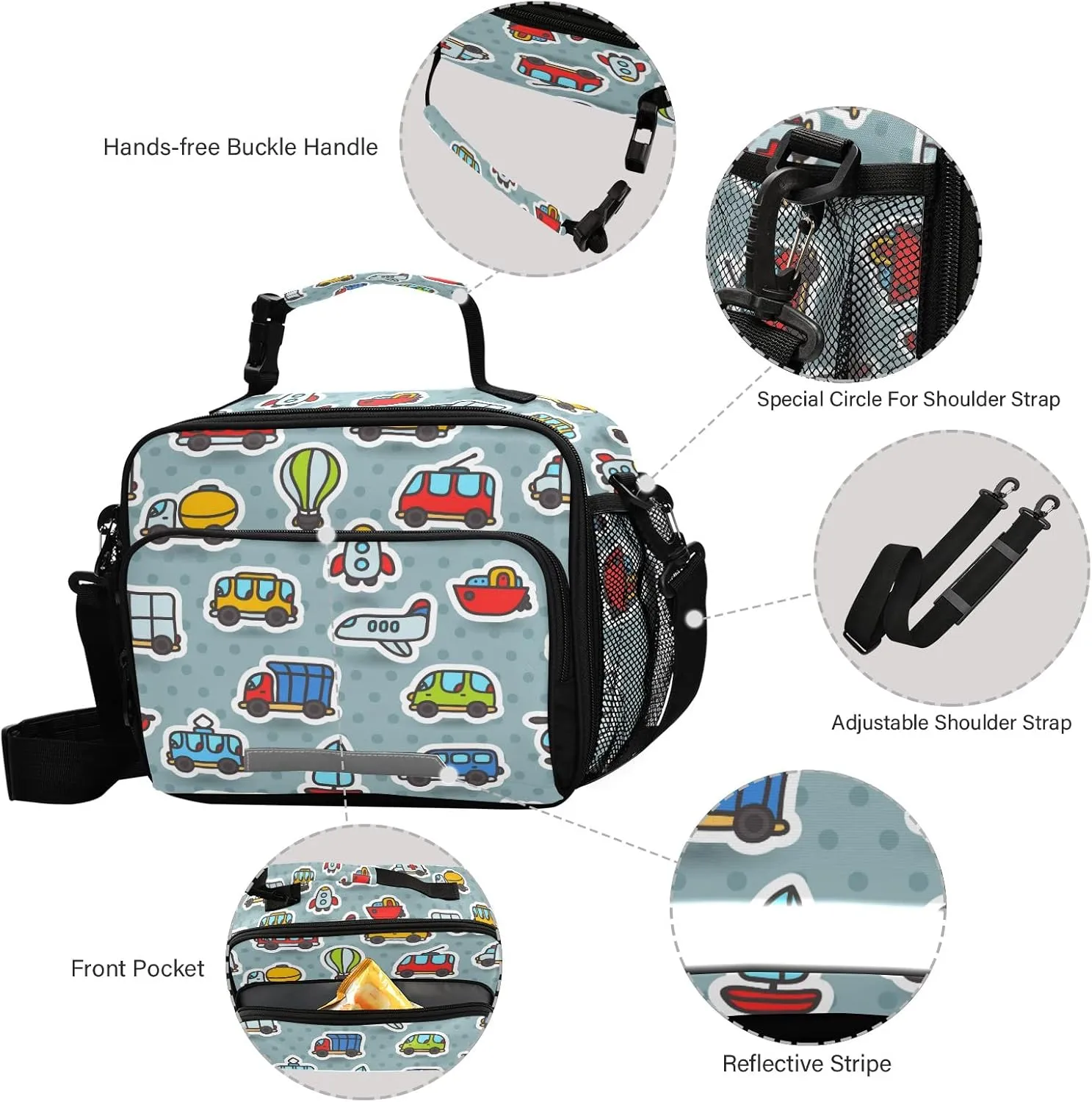 Cartoon Bus Taxi Airplane Truck Kids Lunch Bags for Boys Girls Lunch Meal Box Insulated Thermal Cooler Bag Reusable Organizer Tote Lunch Bag with Adjustable Shoulder Strap for School Picnic