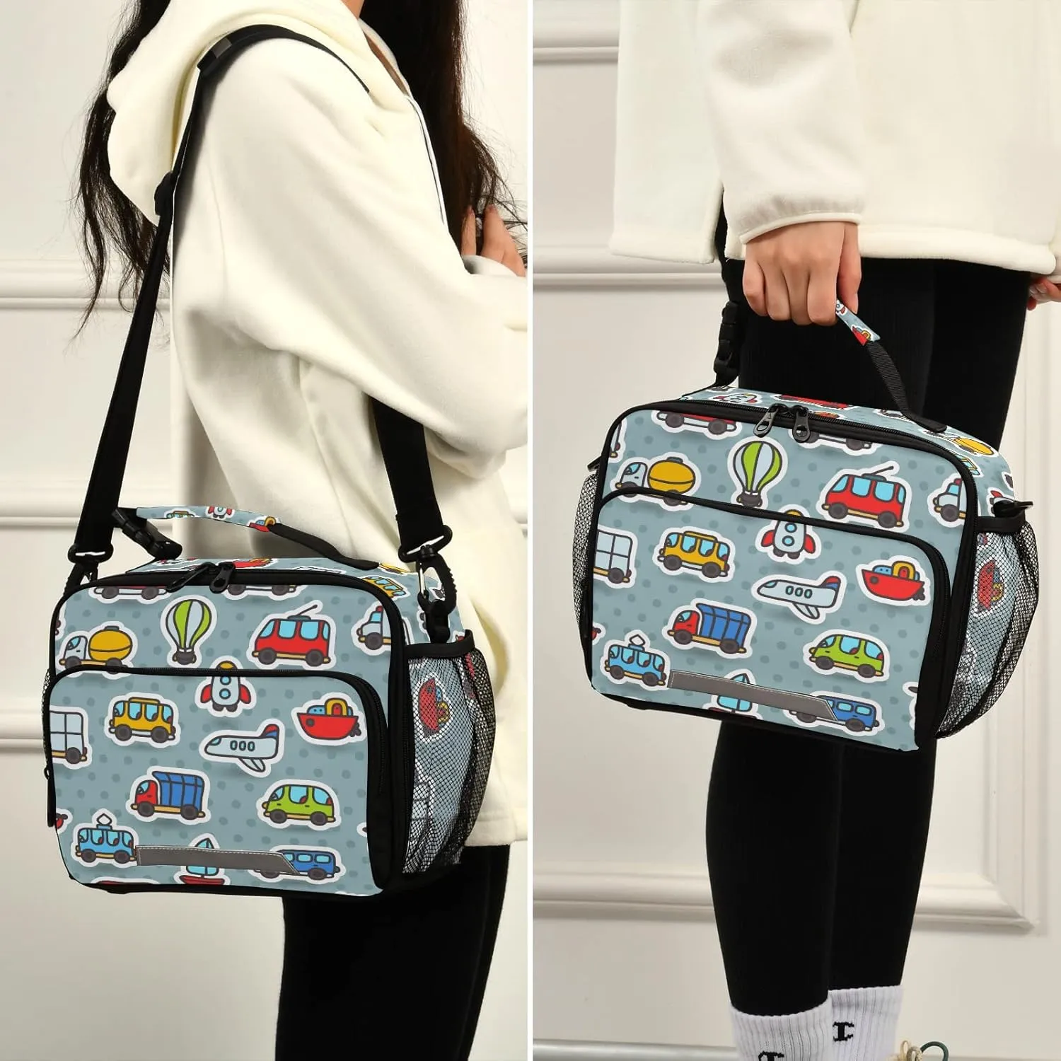 Cartoon Bus Taxi Airplane Truck Kids Lunch Bags for Boys Girls Lunch Meal Box Insulated Thermal Cooler Bag Reusable Organizer Tote Lunch Bag with Adjustable Shoulder Strap for School Picnic