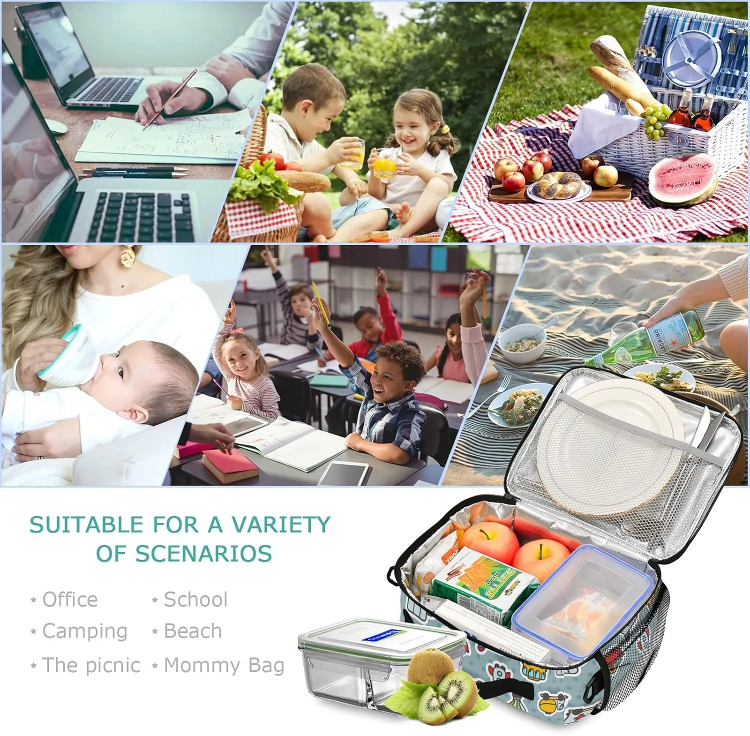 Cartoon Bus Taxi Airplane Truck Kids Lunch Bags for Boys Girls Lunch Meal Box Insulated Thermal Cooler Bag Reusable Organizer Tote Lunch Bag with Adjustable Shoulder Strap for School Picnic