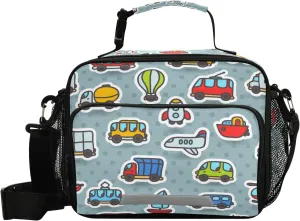 Cartoon Bus Taxi Airplane Truck Kids Lunch Bags for Boys Girls Lunch Meal Box Insulated Thermal Cooler Bag Reusable Organizer Tote Lunch Bag with Adjustable Shoulder Strap for School Picnic