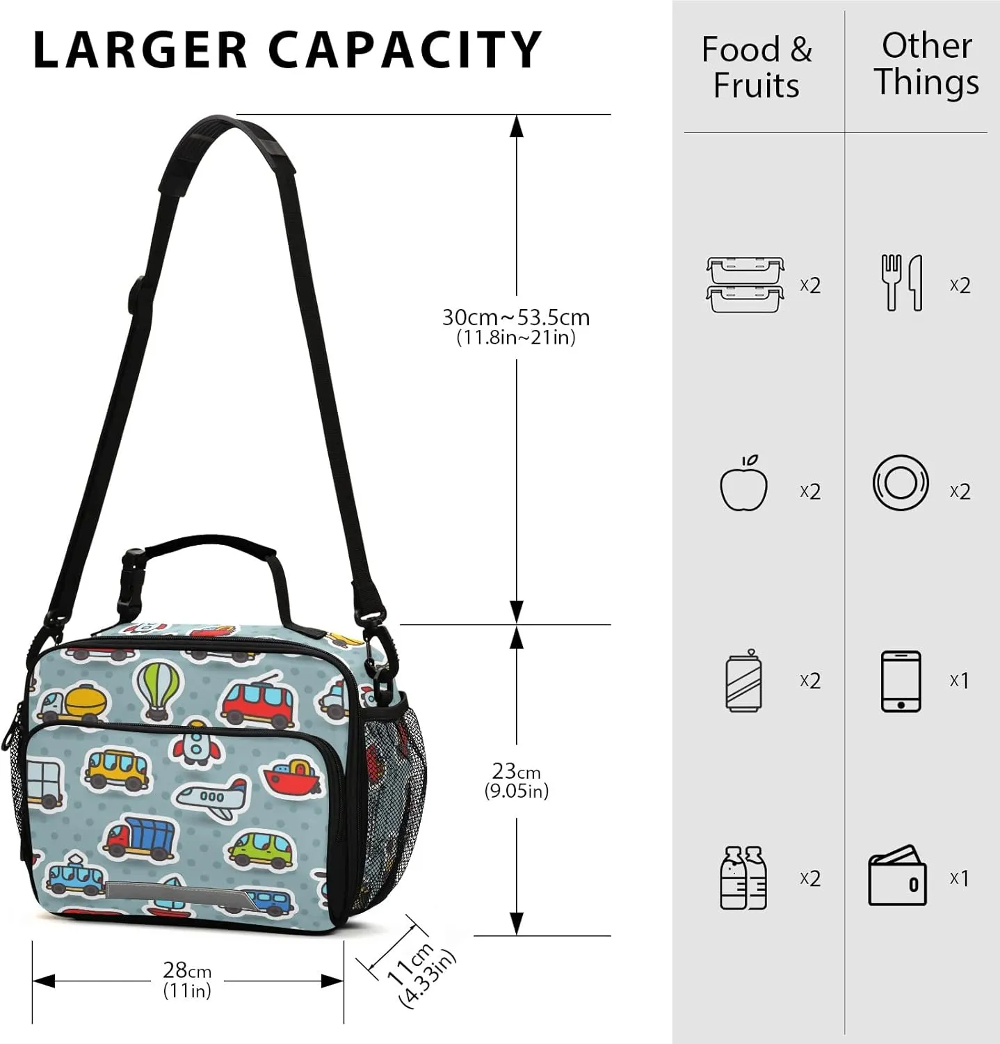 Cartoon Bus Taxi Airplane Truck Kids Lunch Bags for Boys Girls Lunch Meal Box Insulated Thermal Cooler Bag Reusable Organizer Tote Lunch Bag with Adjustable Shoulder Strap for School Picnic