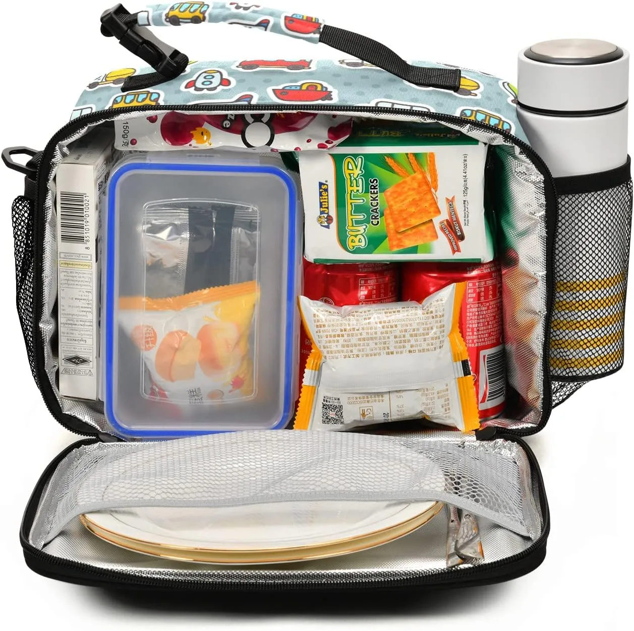 Cartoon Bus Taxi Airplane Truck Kids Lunch Bags for Boys Girls Lunch Meal Box Insulated Thermal Cooler Bag Reusable Organizer Tote Lunch Bag with Adjustable Shoulder Strap for School Picnic