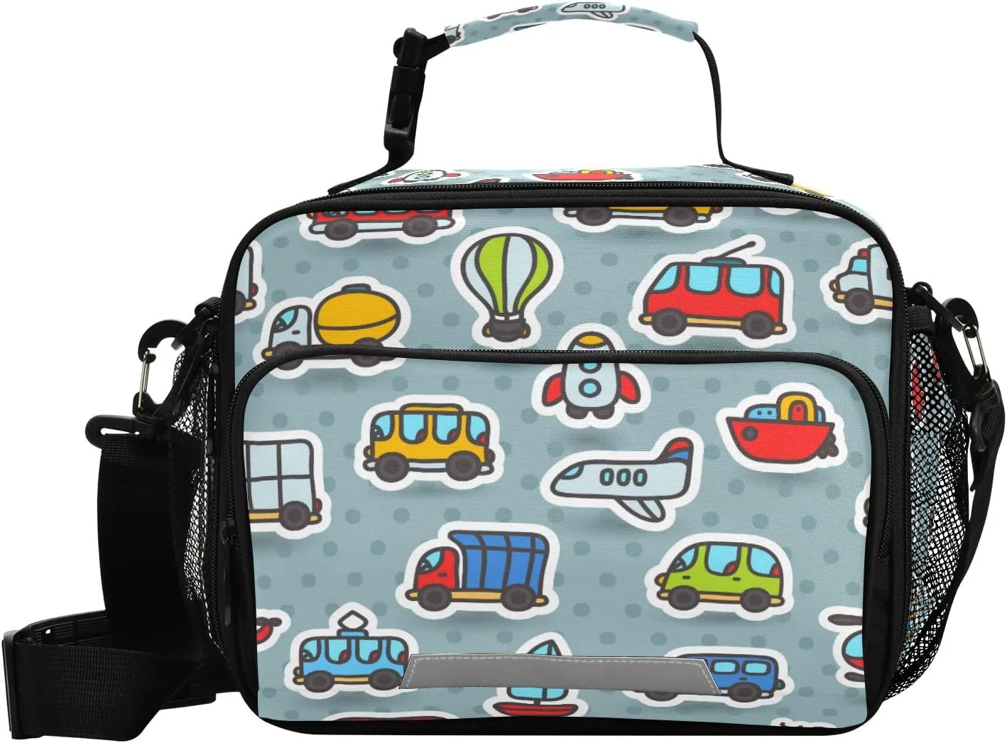 Cartoon Bus Taxi Airplane Truck Kids Lunch Bags for Boys Girls Lunch Meal Box Insulated Thermal Cooler Bag Reusable Organizer Tote Lunch Bag with Adjustable Shoulder Strap for School Picnic