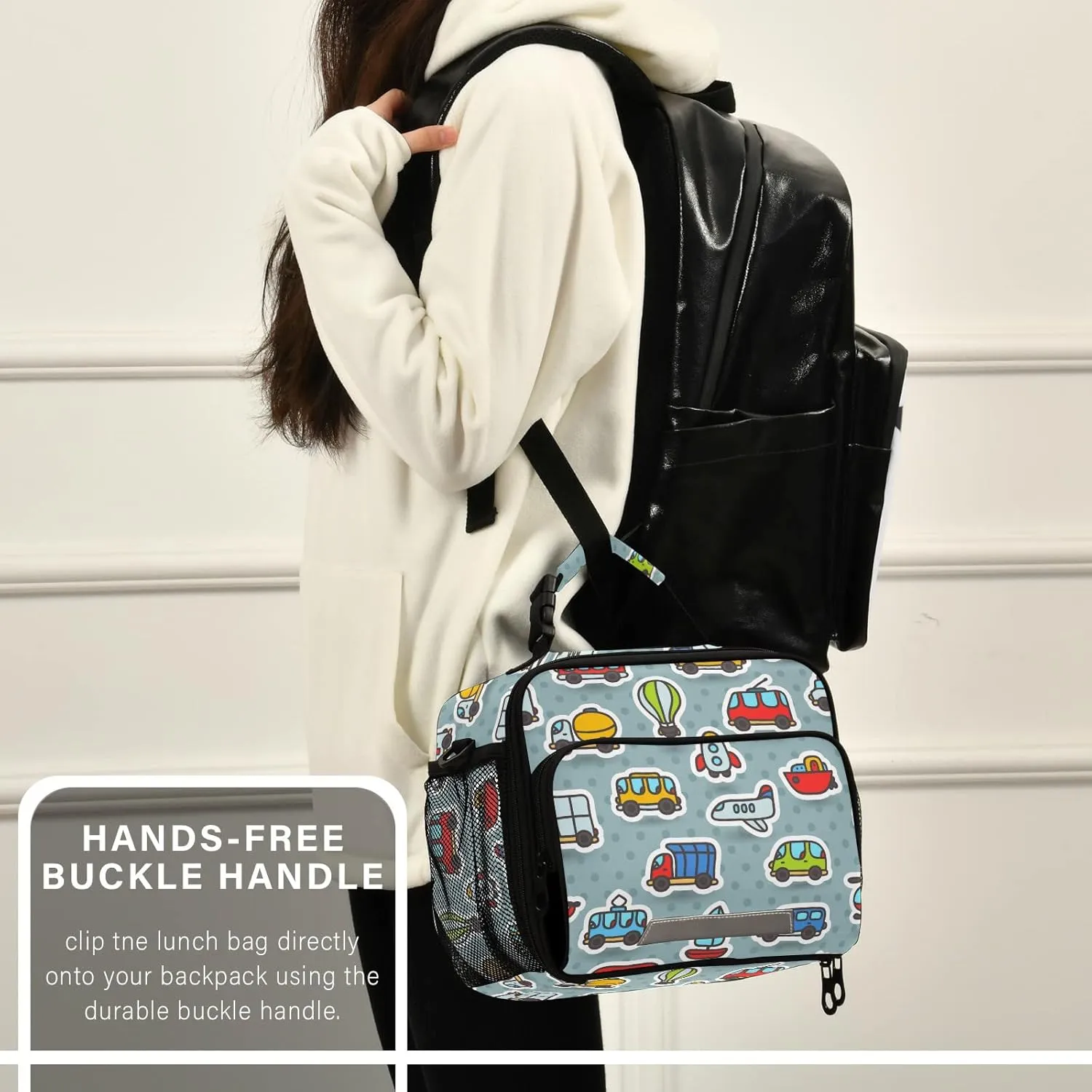 Cartoon Bus Taxi Airplane Truck Kids Lunch Bags for Boys Girls Lunch Meal Box Insulated Thermal Cooler Bag Reusable Organizer Tote Lunch Bag with Adjustable Shoulder Strap for School Picnic