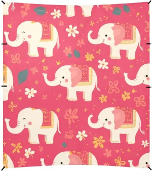 Cartoon Cute Elephants Pink Foldable Beach Canopy UPF50  Protection Easy Setup Large Portable Sun Shelter with Sandbags & Sand Shovel for Family Trips, Picnics & Camping