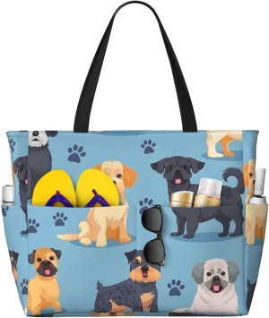 Cartoon Dog Breed Beach Bag Paw Print Pool Bag for Women Waterproof Large Travel Tote with Zipper Organizer for Swimming Vacation Essentials
