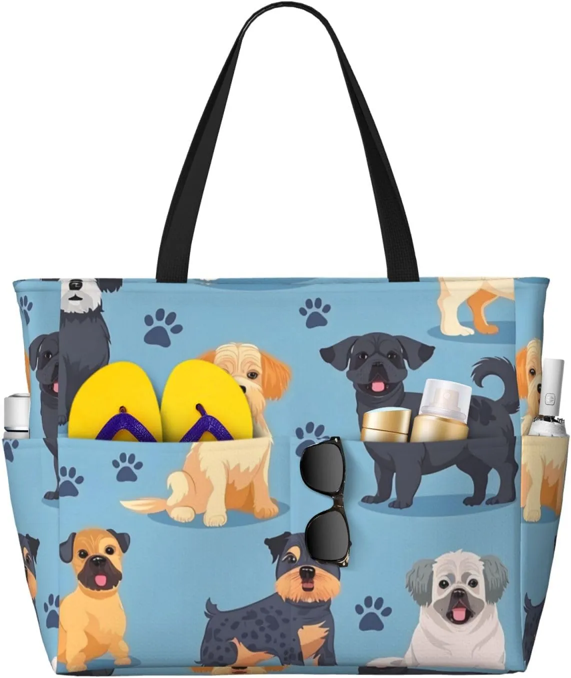 Cartoon Dog Breed Beach Bag Paw Print Pool Bag for Women Waterproof Large Travel Tote with Zipper Organizer for Swimming Vacation Essentials