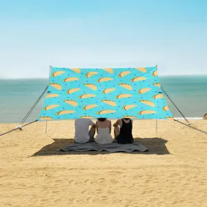 Cartoon Mexican Tacos Beach Canopy Tent Anti-UV & Wind Resistant, Cute Camping Sun Shelter Easy Setup Portable,Outdoor Shade Tents with Sandbags,Sand Shovels,Ground Pegs & Stability Poles