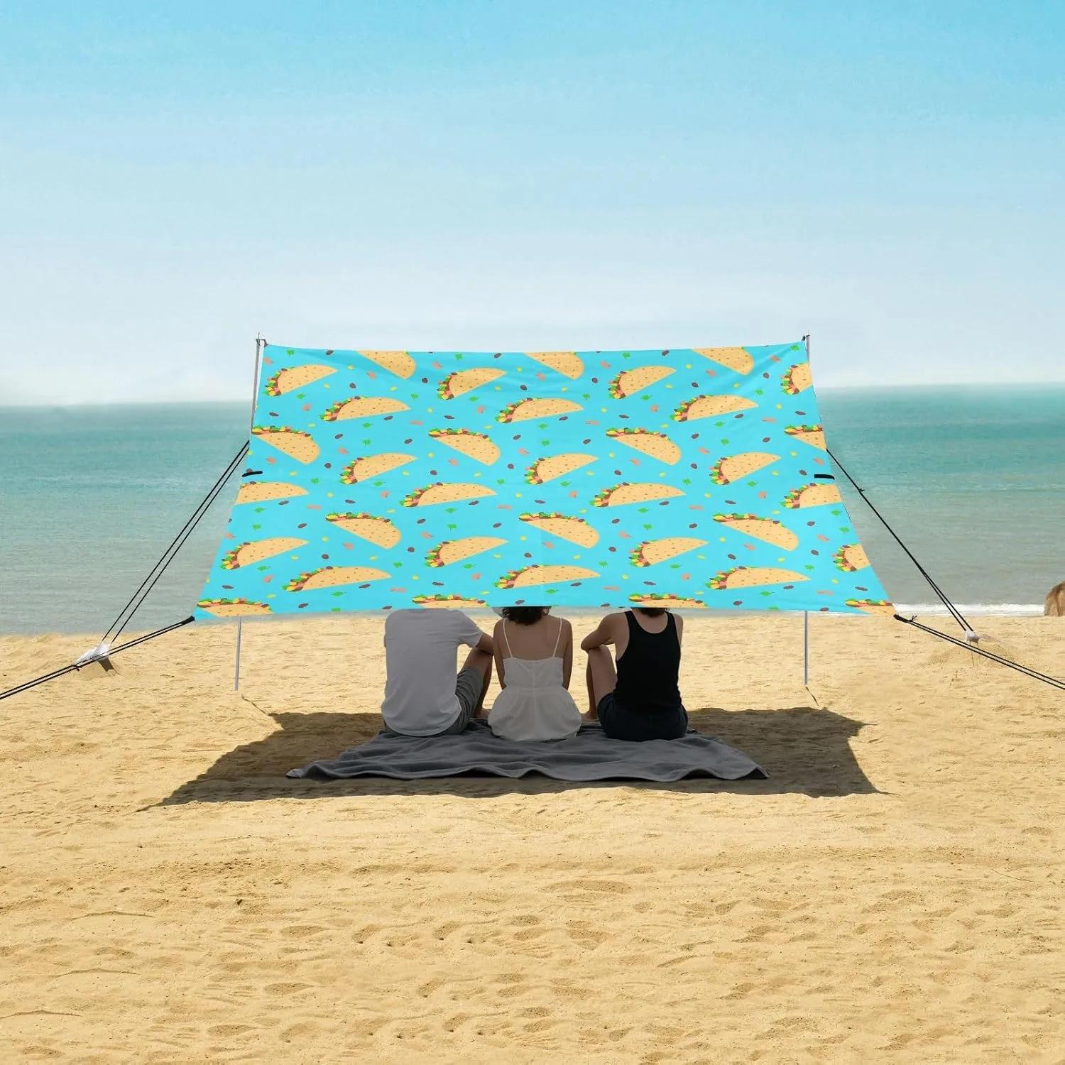 Cartoon Mexican Tacos Beach Canopy Tent Anti-UV & Wind Resistant, Cute Camping Sun Shelter Easy Setup Portable,Outdoor Shade Tents with Sandbags,Sand Shovels,Ground Pegs & Stability Poles