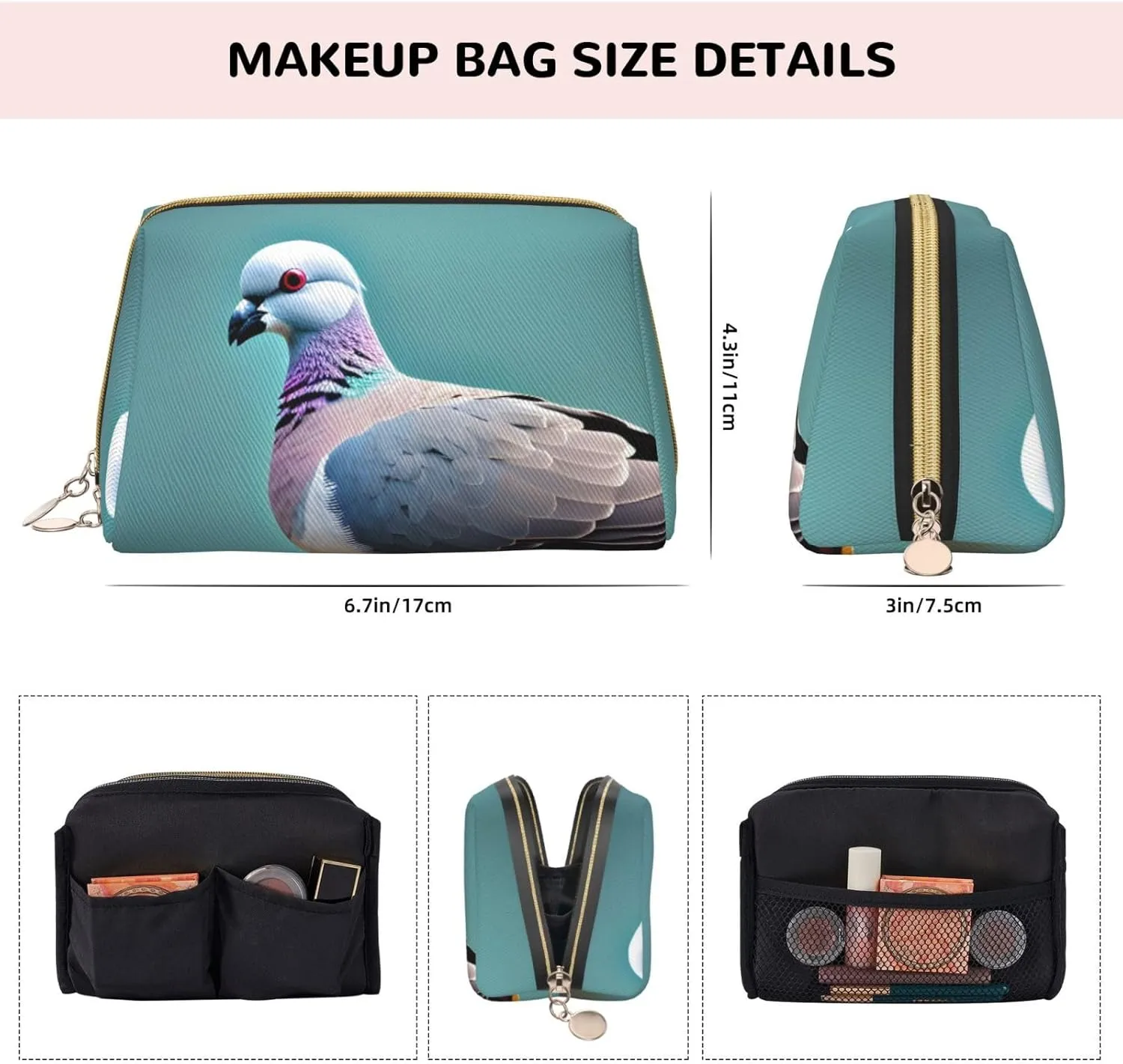 Cartoon Pigeon 4 Leather Toiletry Travel Bag, Compact Makeup Organizer For Women