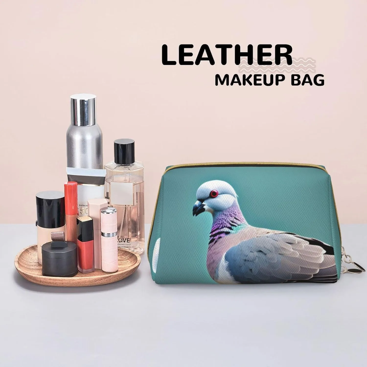 Cartoon Pigeon 4 Leather Toiletry Travel Bag, Compact Makeup Organizer For Women