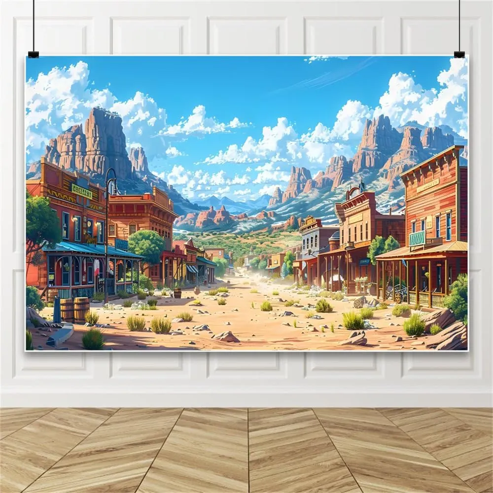Cartoon Western Town Backdrop Comic Fairy Tale Western Desert Street Decorations Background Wild Cowboy Cowgirls Wood Buildings Backdrop Desert Mountain Baby Shower Studio Props 12x10ft