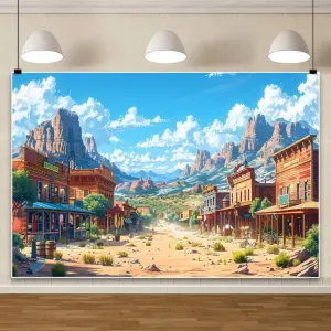 Cartoon Western Town Backdrop Comic Fairy Tale Western Desert Street Decorations Background Wild Cowboy Cowgirls Wood Buildings Backdrop Desert Mountain Baby Shower Studio Props 12x10ft