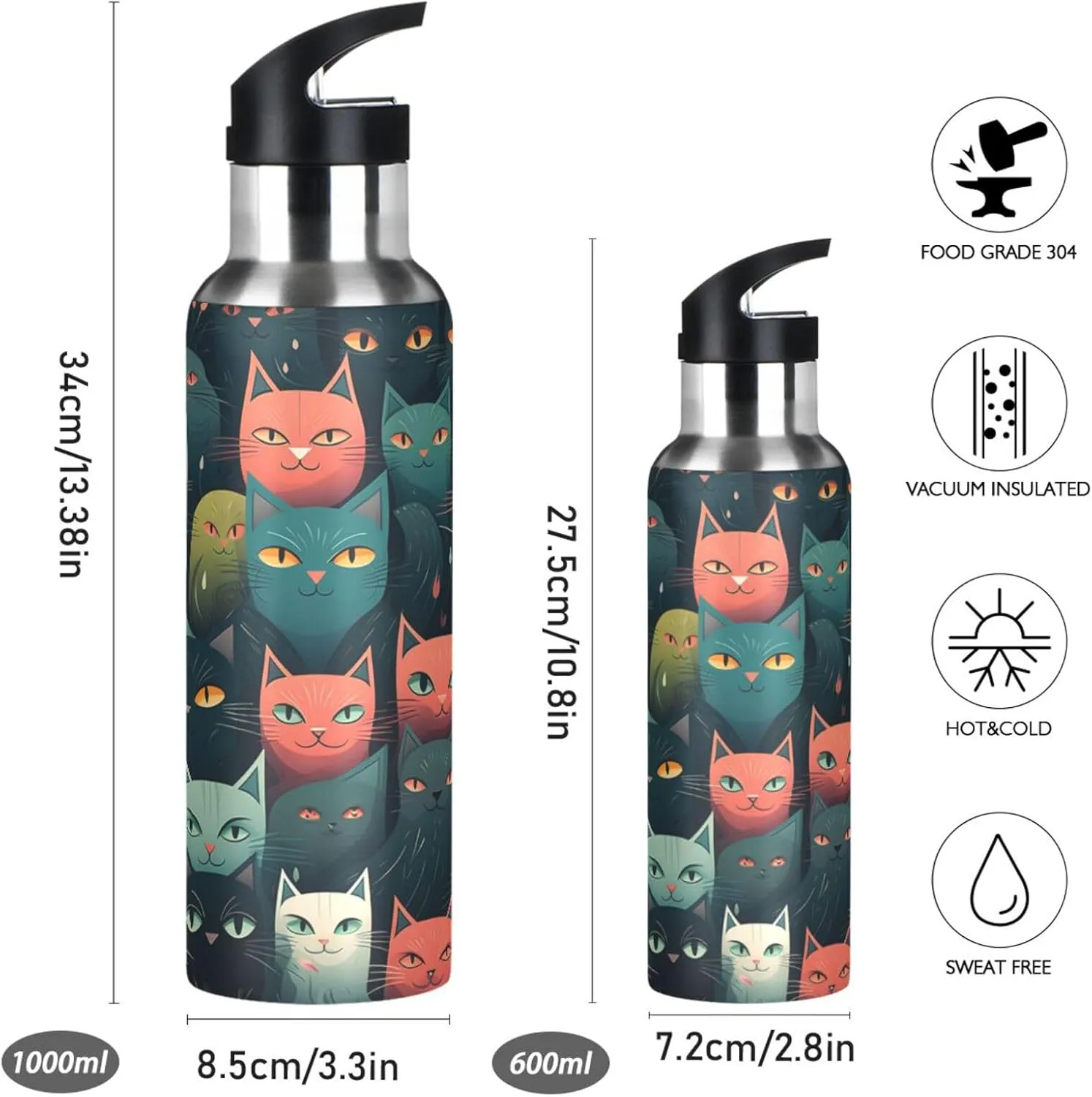 Cat Repeating Pattern Sport Water Bottle Insulated Stainless Steel Large Vacuum Flask Leak Proof Thermos with Straw for Travel(600ml/1000ml)