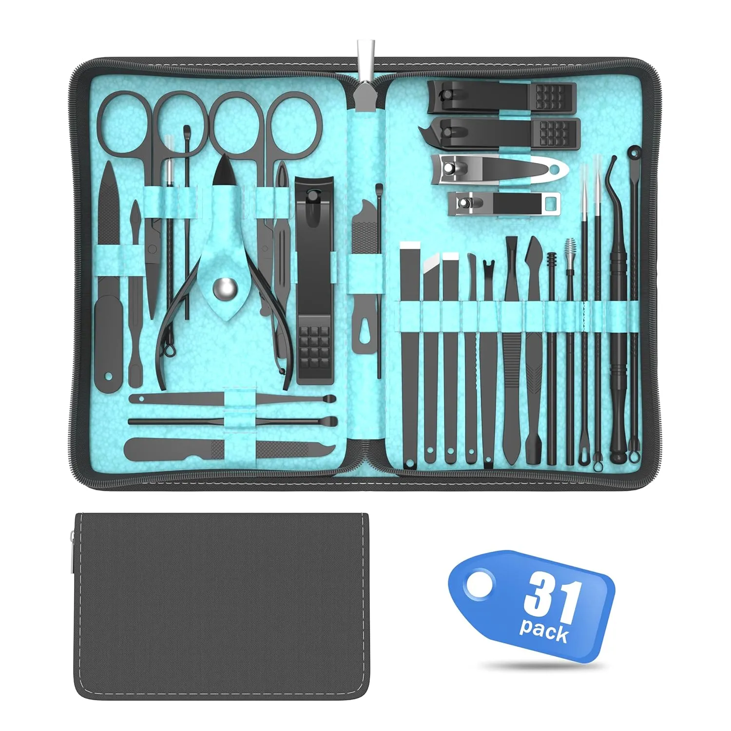 Cater Manicure Nail Clippers Kit - 31Pcs Stainless Steel Nail Grooming Set with Luxurious Travel Case (Light Blue)