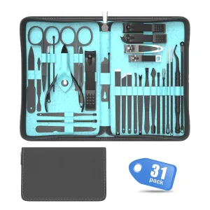 Cater Manicure Nail Clippers Kit - 31Pcs Stainless Steel Nail Grooming Set with Luxurious Travel Case (Light Blue)