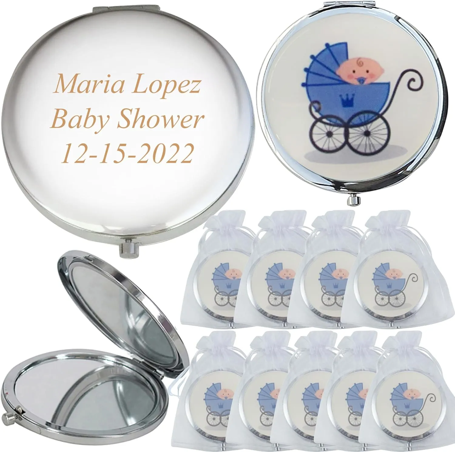 CH Personalize Custom Laser Engraving Baby Shower Compact Mirror Favor/Makeup Mirrors with Organza Favor bags12pcs/pack (Blue)