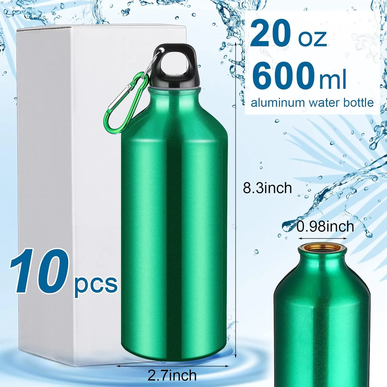 CHENGU 10 Pcs Aluminum Water Bottle 20 oz Reusable Bottles Lightweight Leak Proof Aluminum Sports Travel Bottles with Twist Cap Buckle for Gym, Hiking, Cycling, Camping, Fishing