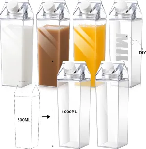 CHENGU Clear Milk Carton Water Bottle 1000 ml/ 34 Oz Portable Container Reusable Cute Plastic Milk Bottles for Juice Tea Jug Travel Camping Climbing Sports Outdoor Activities Drinking(6 Pieces)